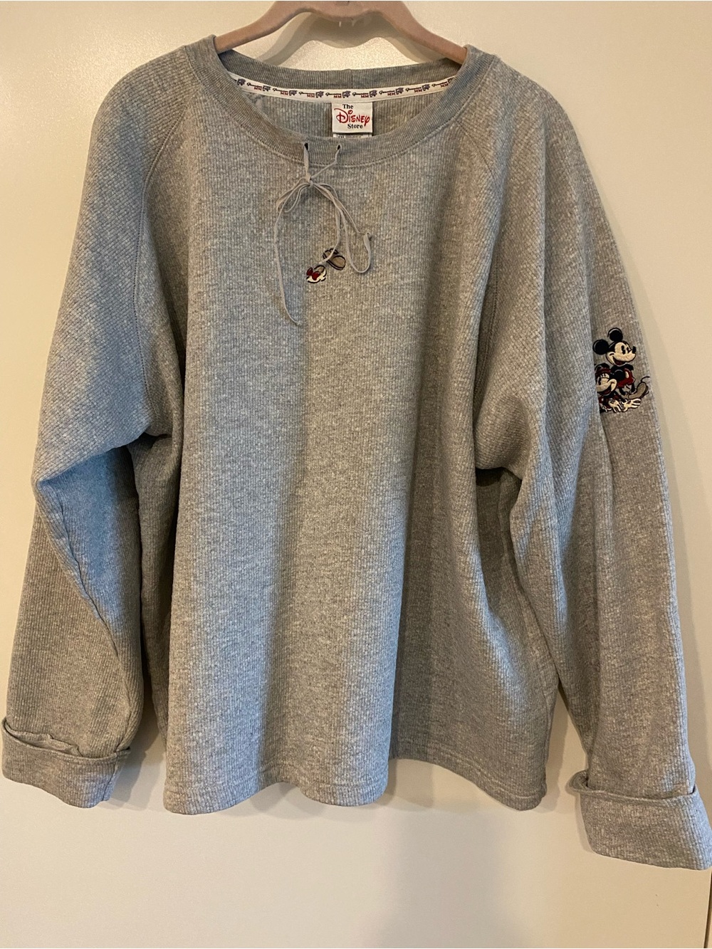 Disney Gray Mickey Mouse Crewneck Sweater with Tie Detail